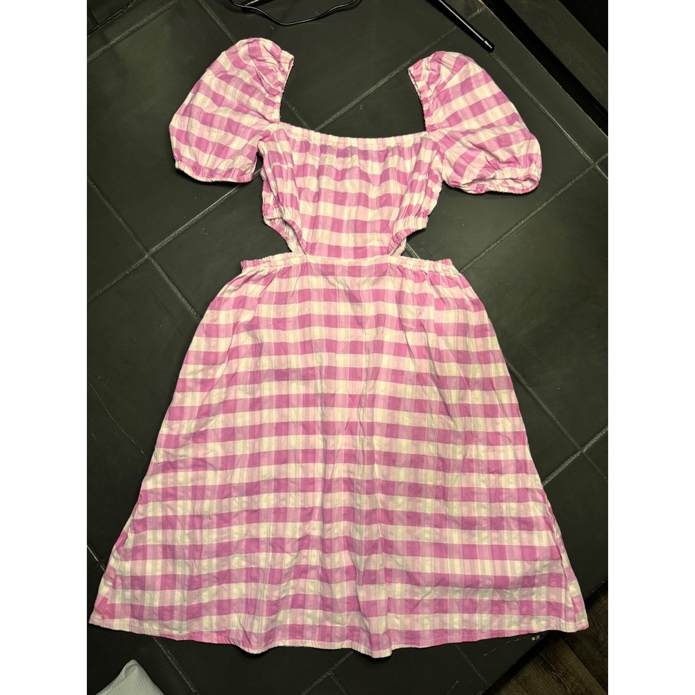 Monki Purple Gingham Cut Out Puff Sleeve Cotton Midi Dress Size 34 US 4